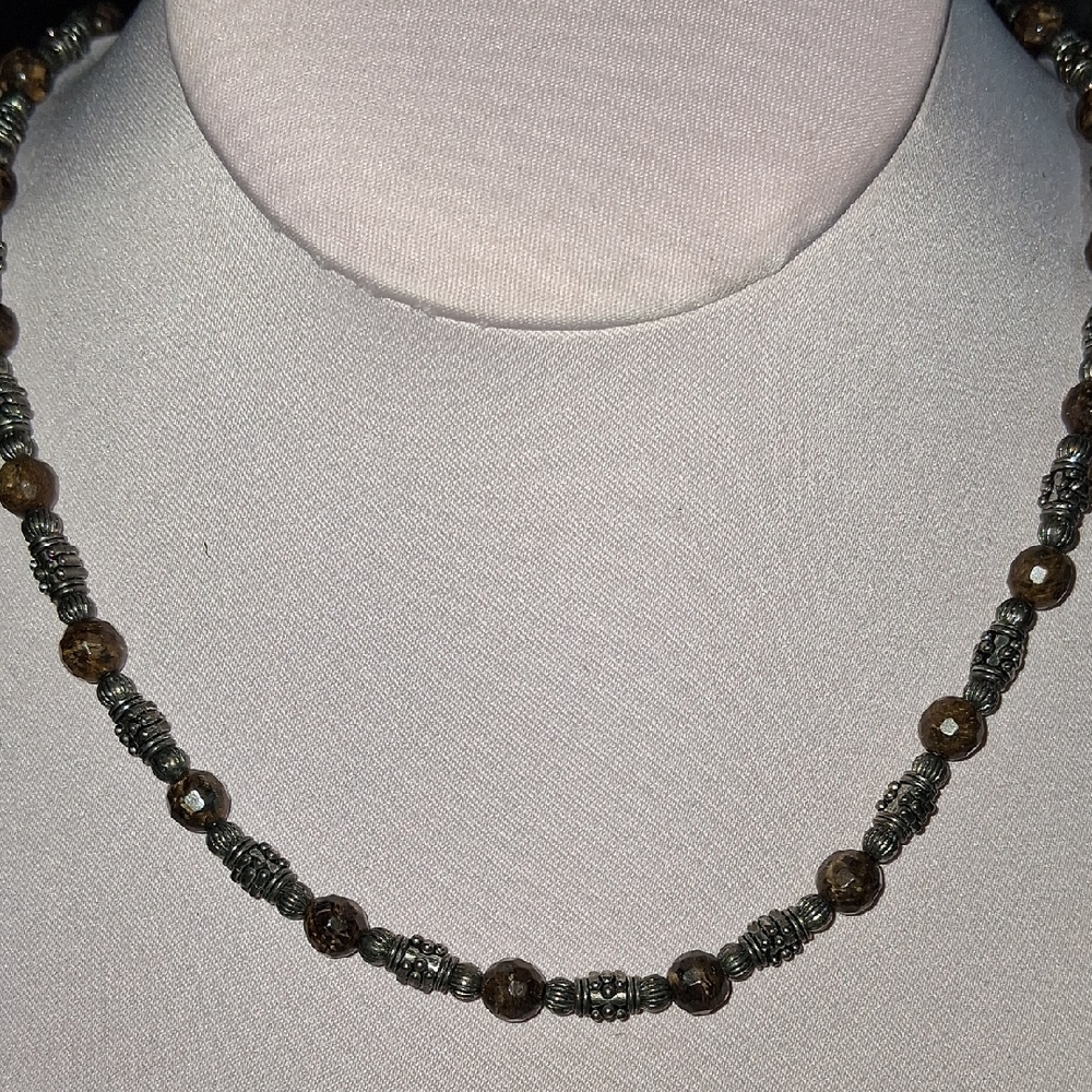 Elegant Silver and Brown Tigers Eye Beaded Necklace